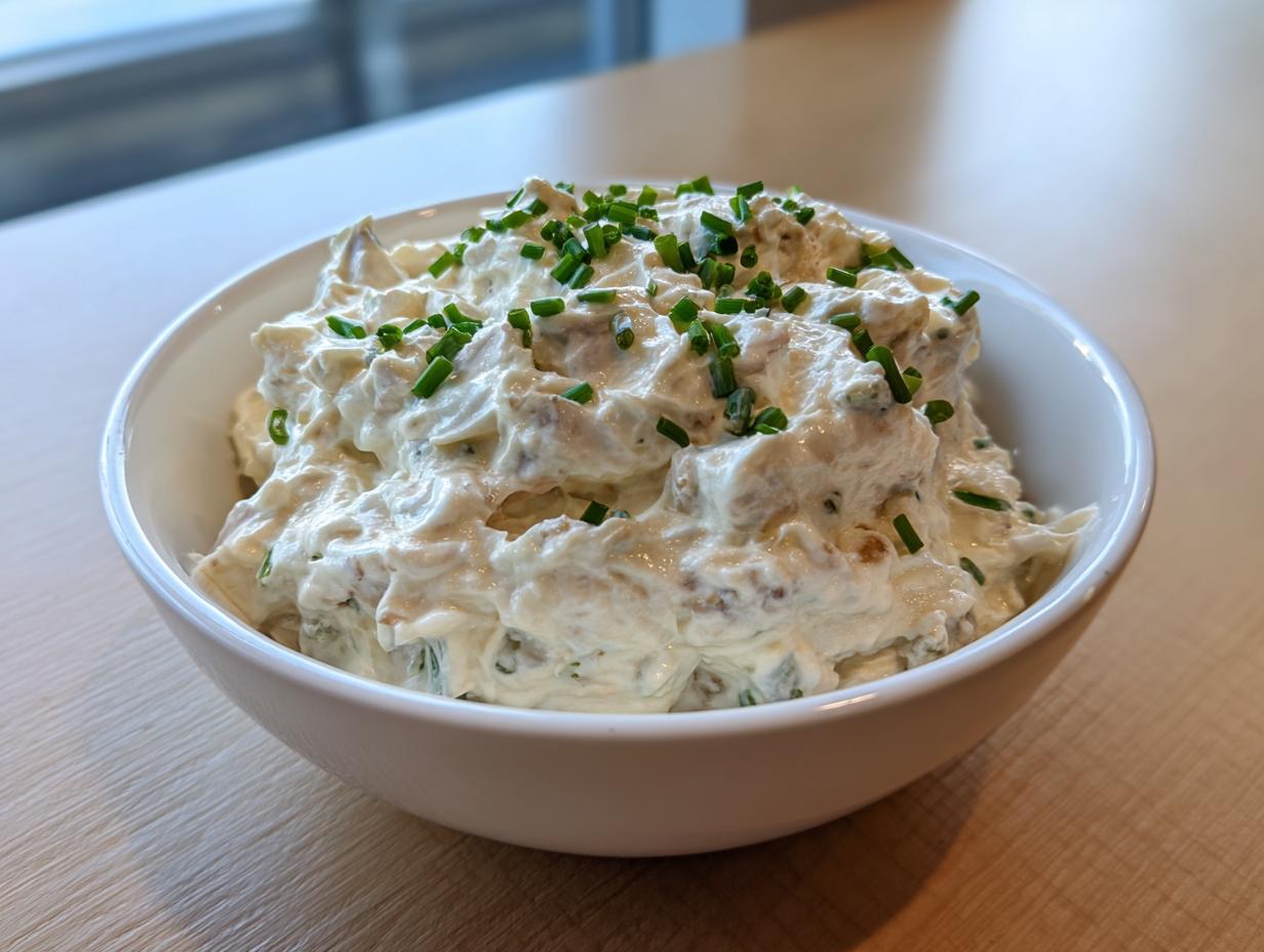 A white bowl filled with creamy, chunky clam dip, garnished generously with fresh chopped chives.