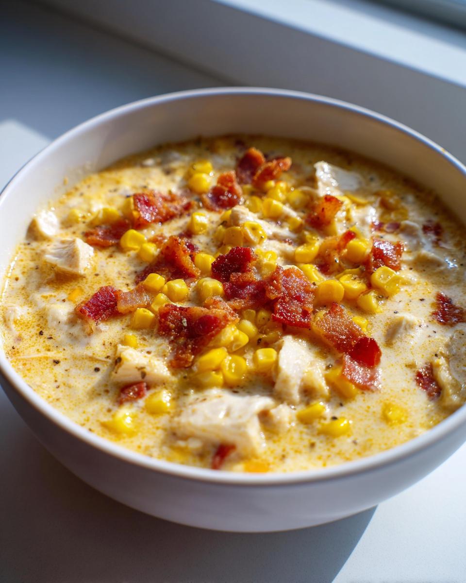 A close-up of a bowl of creamy corn chowder recipe, featuring chunks of chicken, corn kernels, and crumbled bacon.