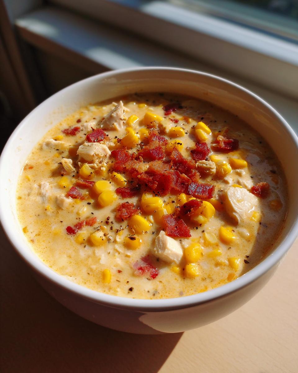 A close-up of a creamy corn chowder recipe bowl, featuring bright yellow corn kernels, chunks of chicken, and crispy bacon bits.