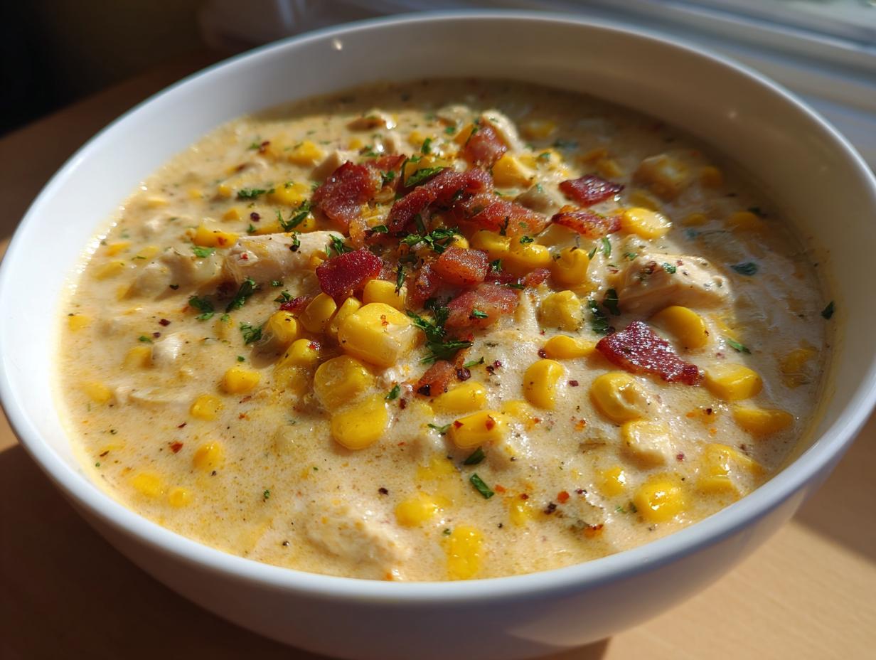 A close-up of a hearty bowl of creamy corn chowder recipe, topped with bacon bits and parsley.