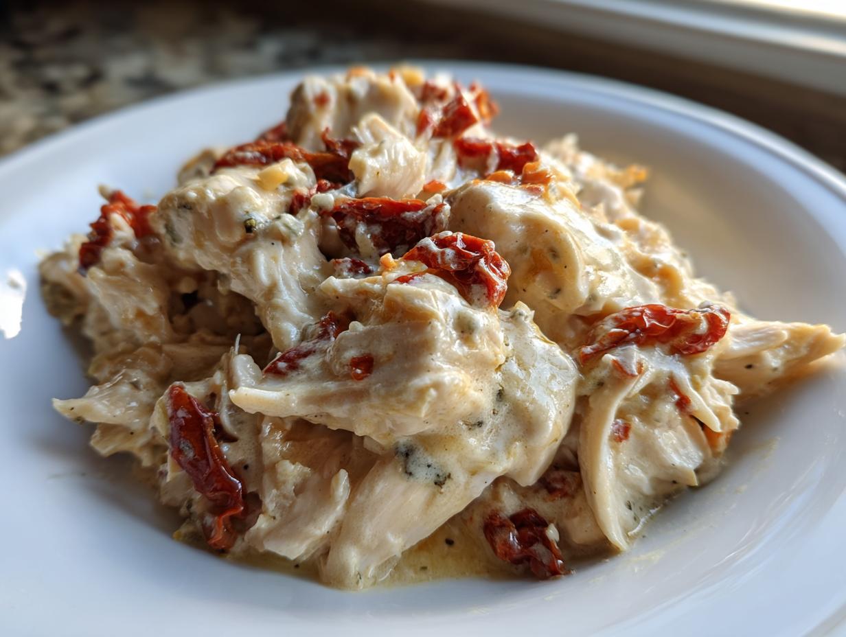 A close-up of creamy, shredded crockpot marry me chicken topped with vibrant sun-dried tomatoes on a white plate.