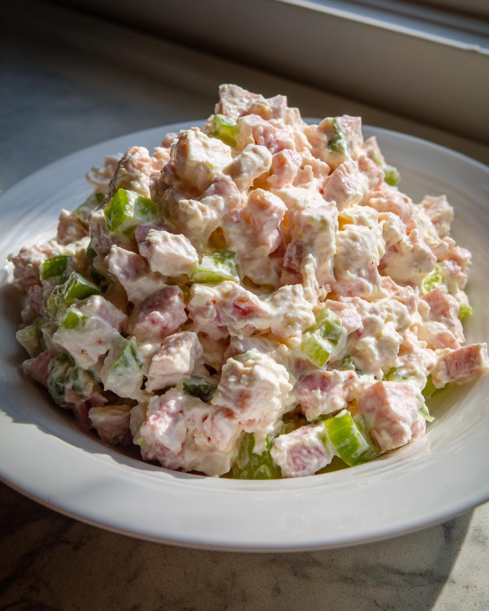 A close-up view of a creamy ham salad recipe, featuring diced ham and celery mixed in a white dressing, served in a white bowl.