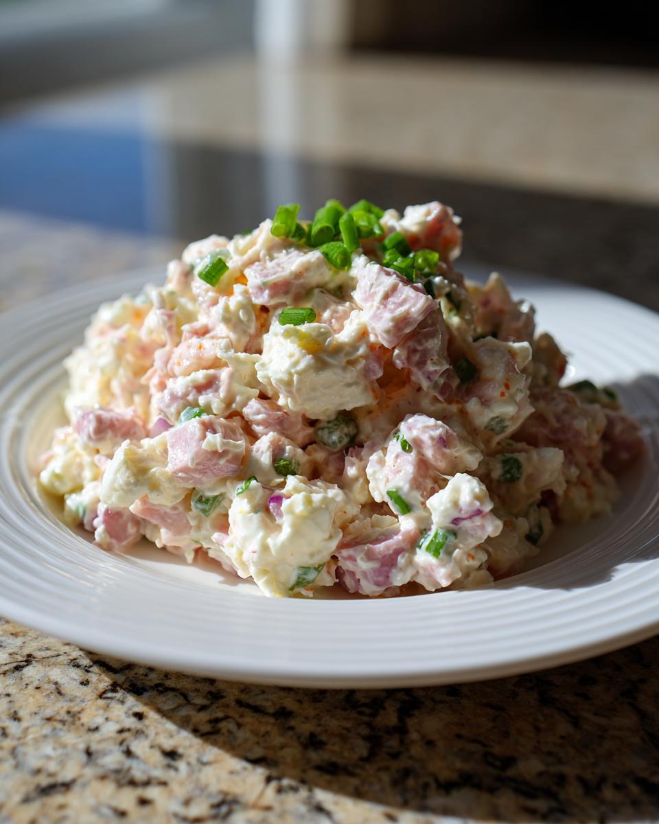 A close-up of a creamy mound of ham salad recipe, topped with fresh green onions, served on a white plate.