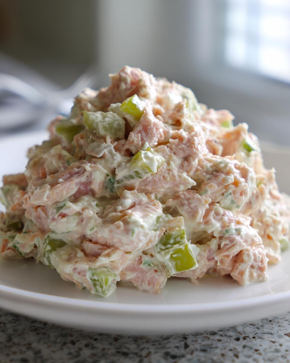 A close-up mound of creamy ham salad recipe mixed with diced green celery, served on a white plate.