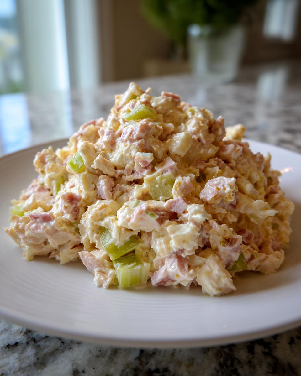 A generous mound of creamy ham salad recipe featuring diced ham and celery on a white plate.