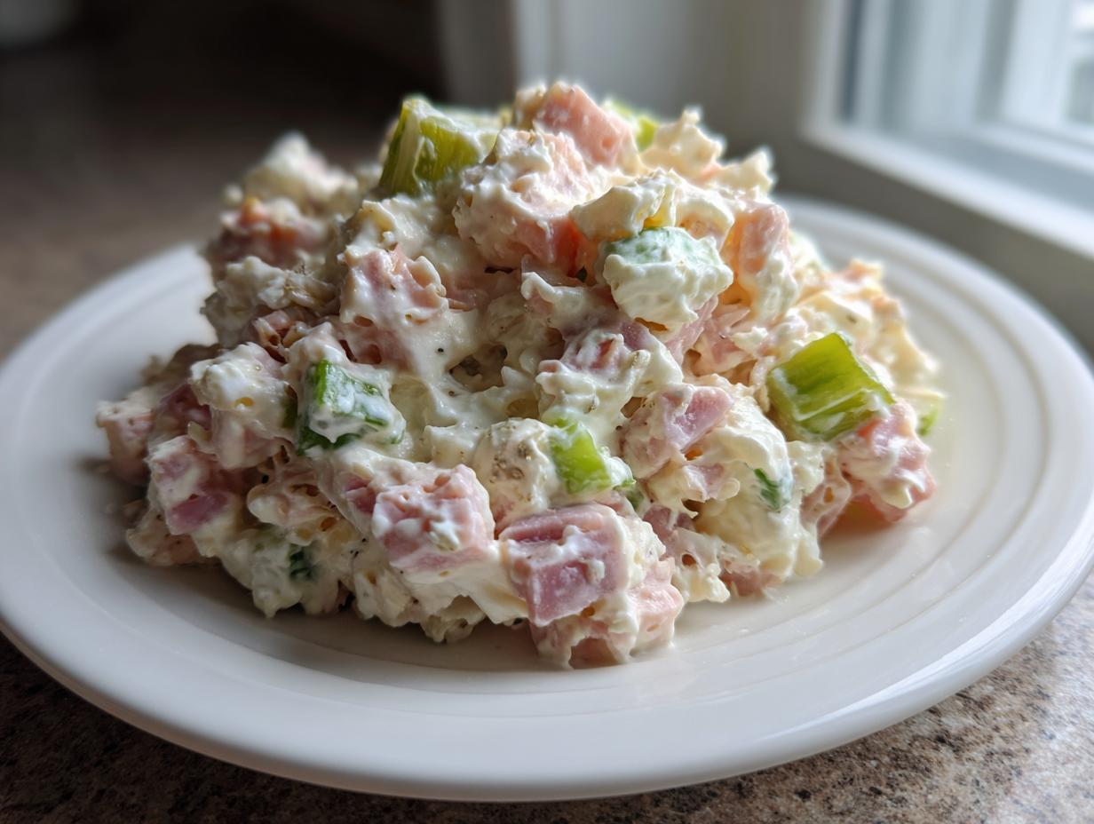 A close-up serving of creamy ham salad recipe featuring diced ham, celery, and a mayonnaise dressing on a white plate.
