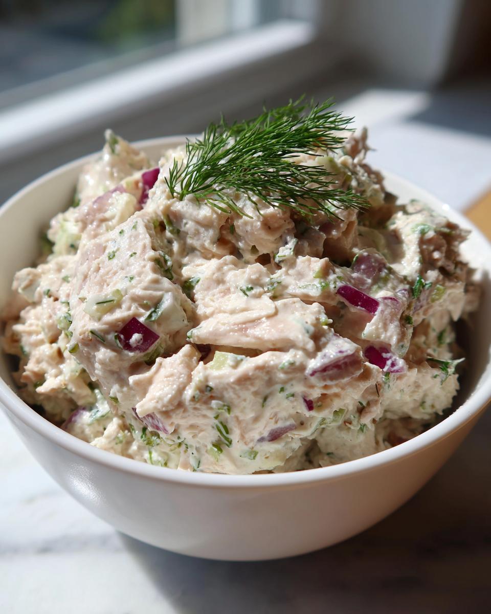 A close-up of a white bowl filled with creamy healthy tuna salad mixed with red onion and topped with fresh dill.