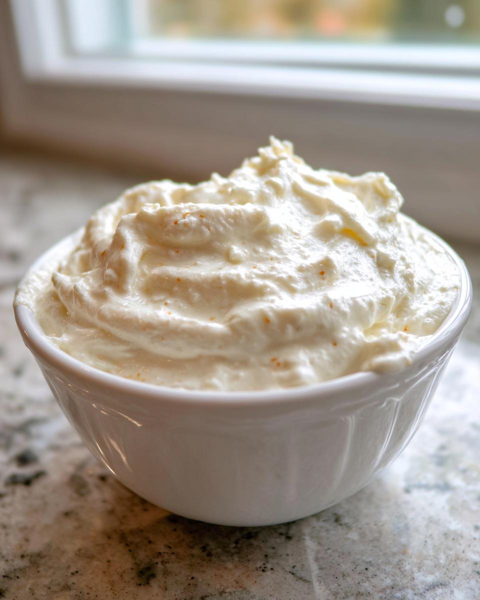 A white bowl filled with thick, white creamy horseradish sauce, sitting on a granite countertop.