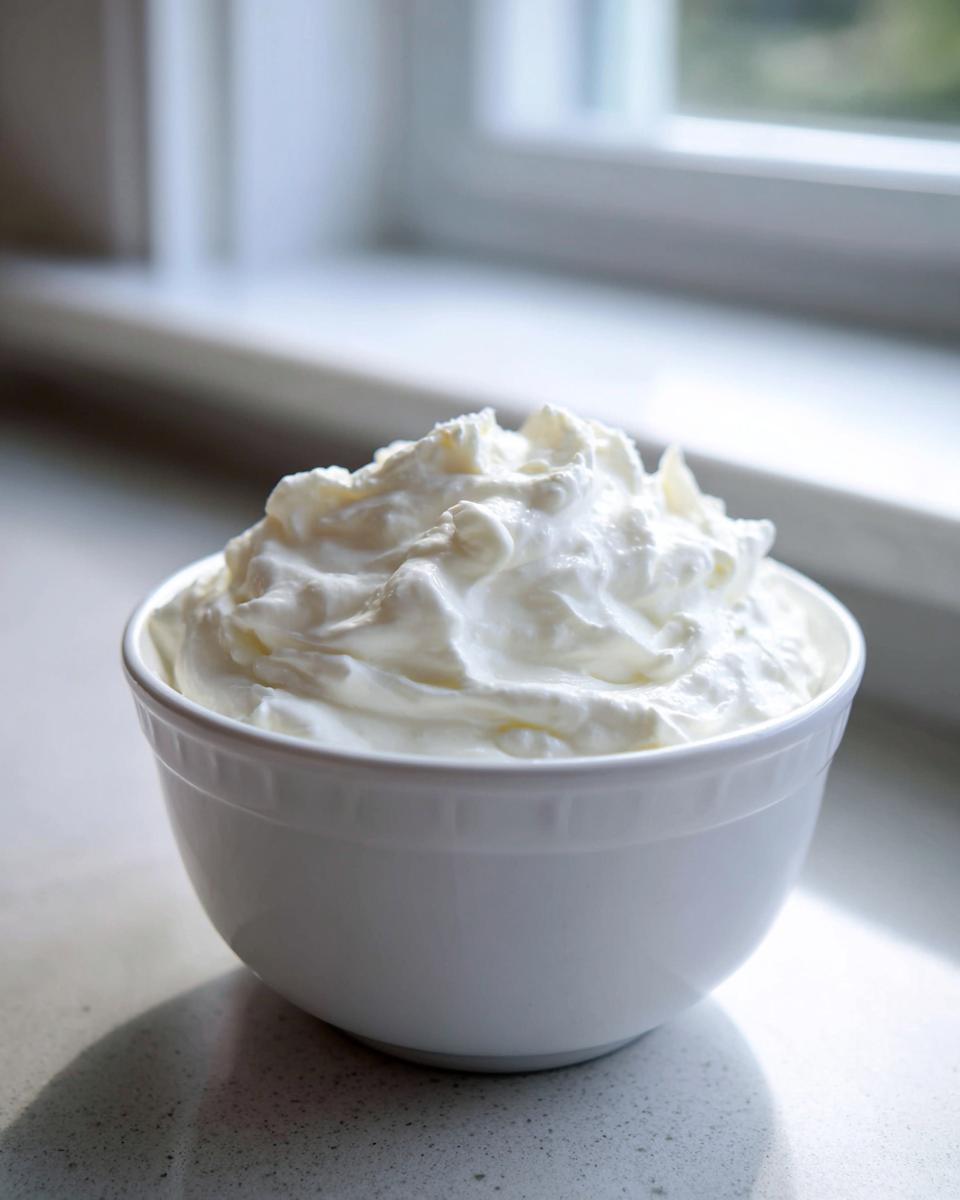 A white bowl filled with fluffy, creamy horseradish sauce sitting on a counter near a window.