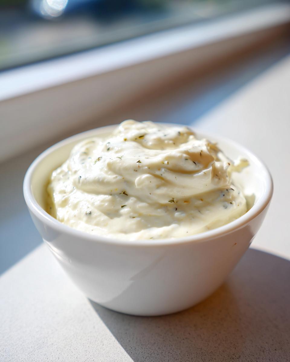 A close-up of thick, creamy horseradish sauce speckled with herbs, served in a small white bowl.