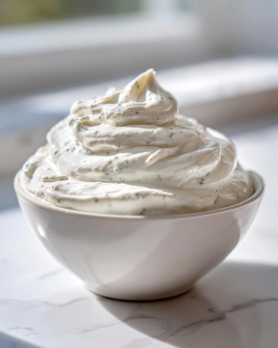 A beautifully piped mound of creamy horseradish sauce, flecked with herbs, served in a small white bowl.