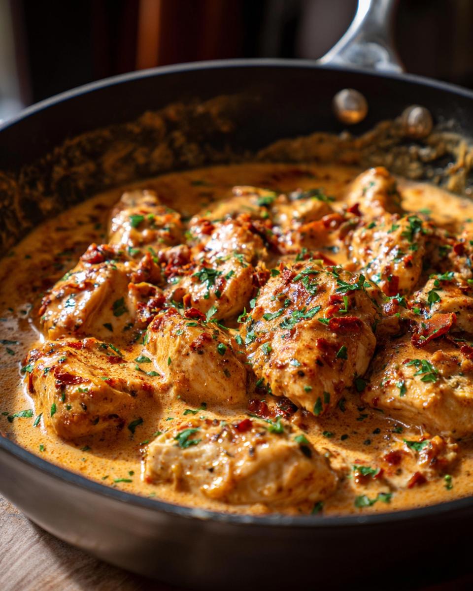 Close-up of several chicken breasts simmering in a rich, creamy sauce, garnished with sun-dried tomatoes and parsley, representing Marry Me Chicken.