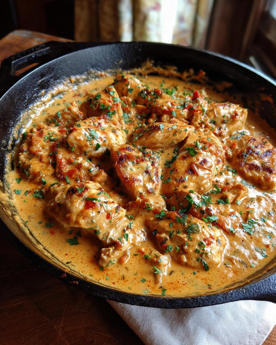 Close-up of seared chicken pieces smothered in a creamy, orange-hued sauce, garnished with parsley, representing Marry Me Chicken.