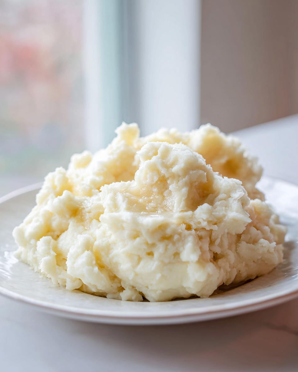 A generous serving of fluffy creamy mashed potatoes topped with a pool of melted butter on a white plate.