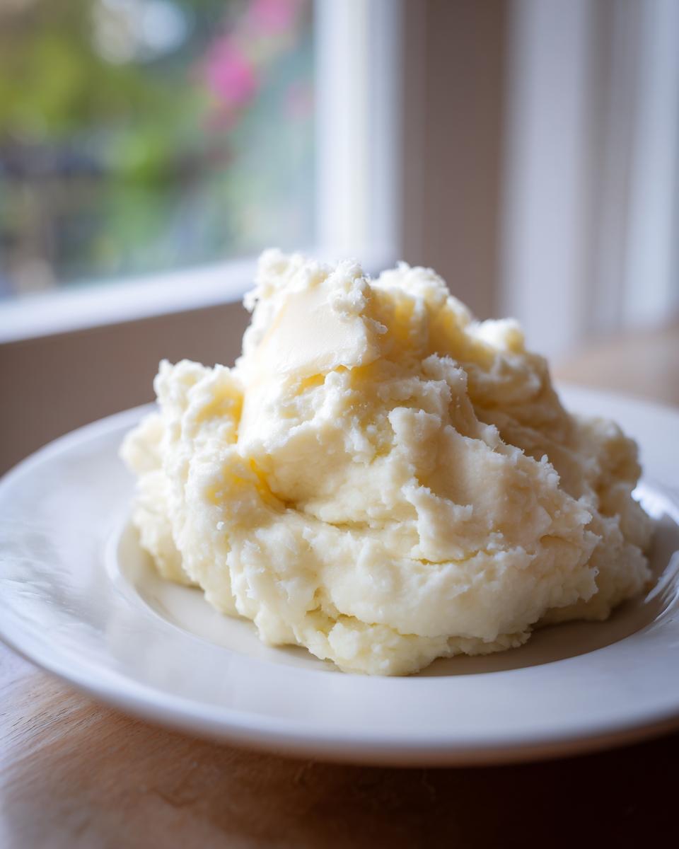 A generous serving of fluffy, creamy mashed potatoes topped with a melting pat of butter on a white plate.