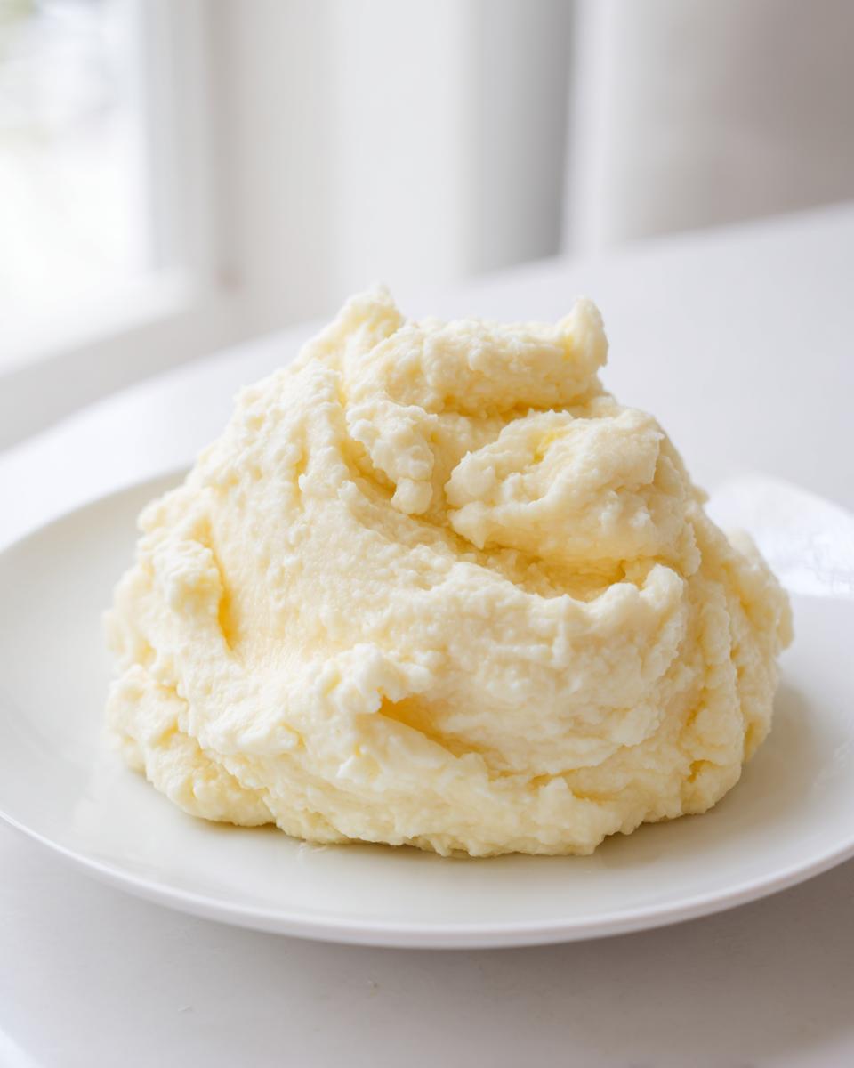 A generous serving of fluffy, creamy mashed potatoes piled high on a white plate.