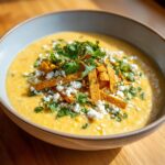 Close-up of creamy Mexican street corn soup topped with tortilla strips, crumbled white cheese, and fresh cilantro.