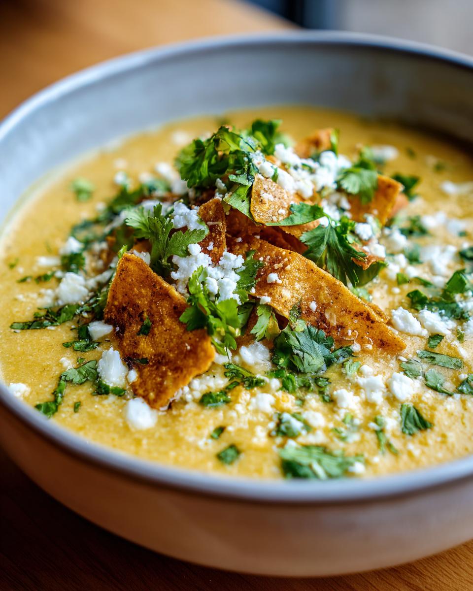 Close-up of creamy Mexican street corn soup garnished with crispy tortilla strips, crumbled white cheese, and fresh cilantro.
