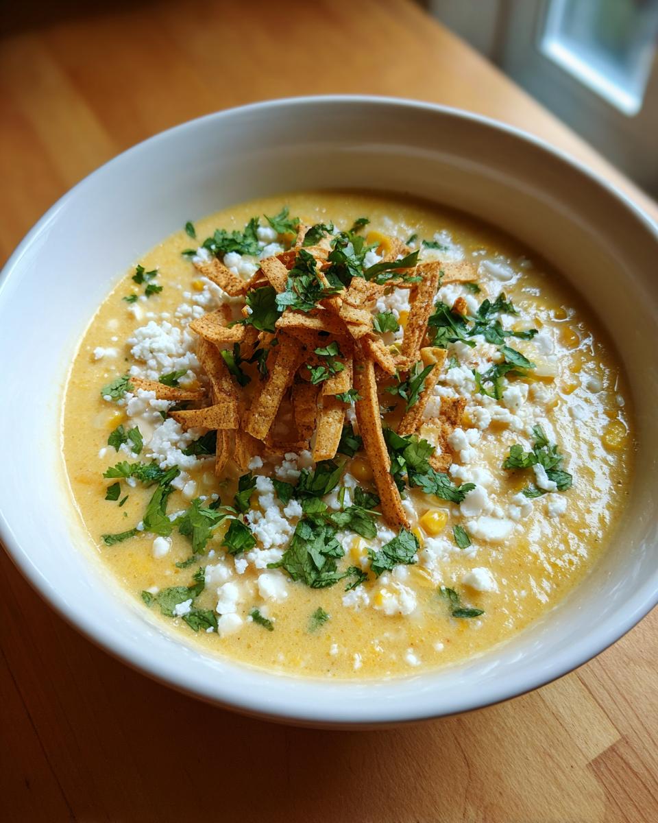 A close-up view of a bowl of creamy mexican street corn soup, garnished with cotija cheese, tortilla strips, and cilantro.