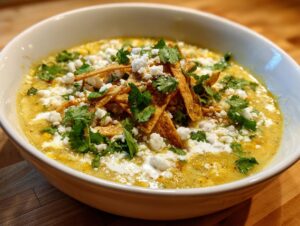 A close-up of a bowl of creamy yellow mexican street corn soup garnished with crumbled cotija cheese, cilantro, and tortilla strips.