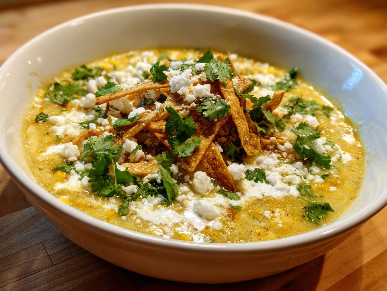 A close-up of a bowl of creamy yellow mexican street corn soup garnished with crumbled cotija cheese, cilantro, and tortilla strips.