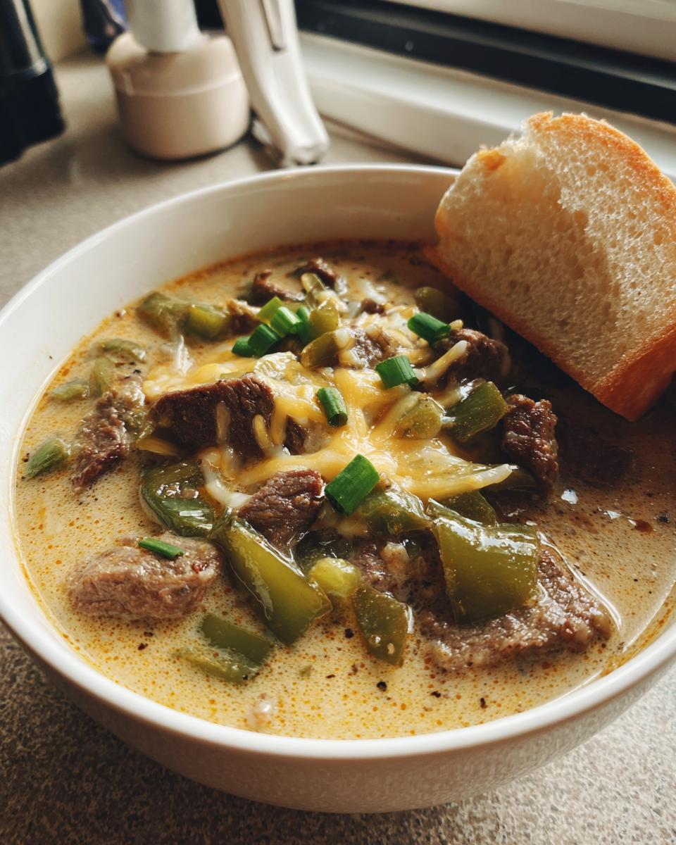 A close-up of a bowl of creamy philly cheese steak soup with chunks of beef, green peppers, melted cheese, and green onion garnish, served with a slice of bread.