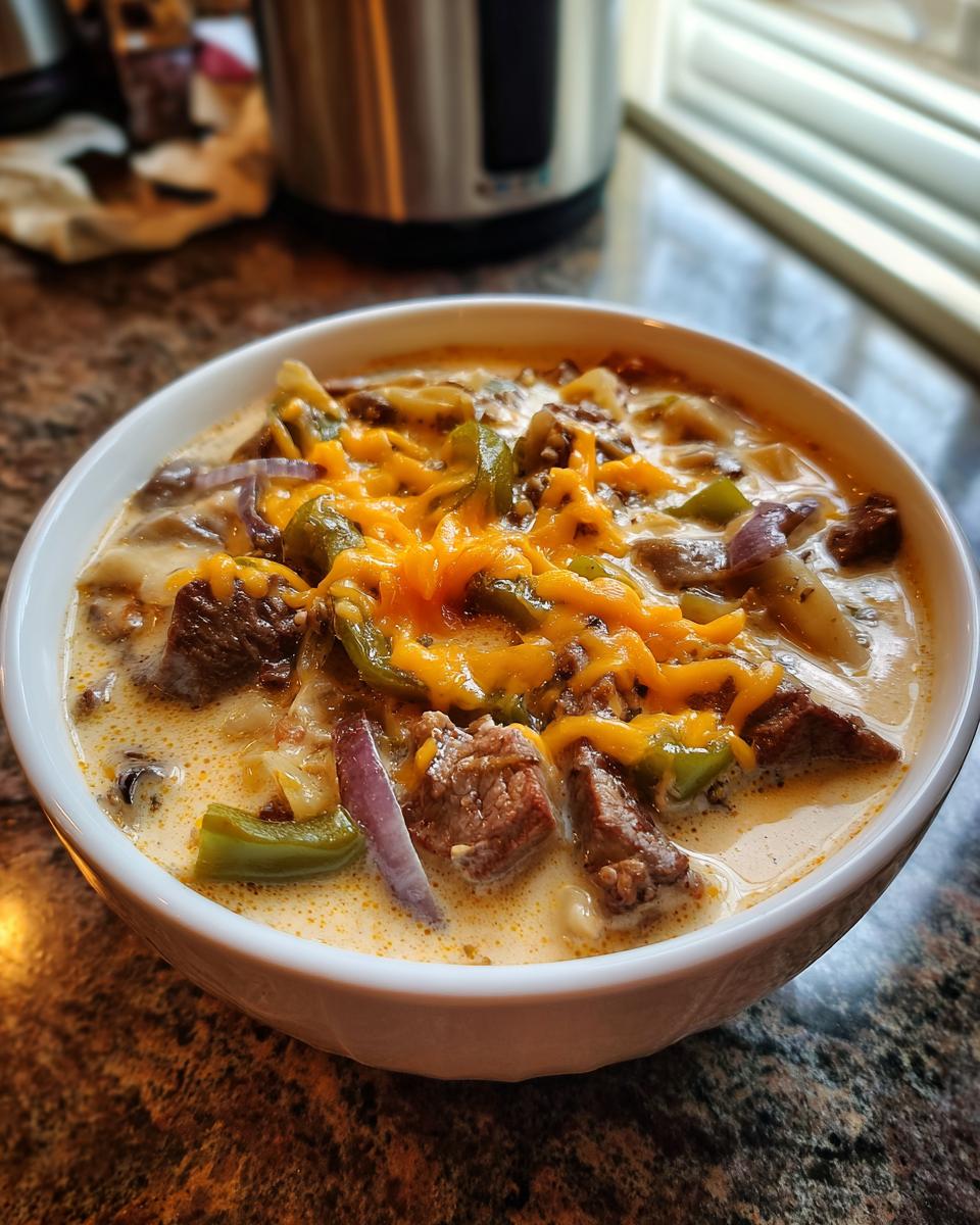 Close-up of a white bowl filled with creamy philly cheese steak soup, topped with melted cheddar and steak chunks.