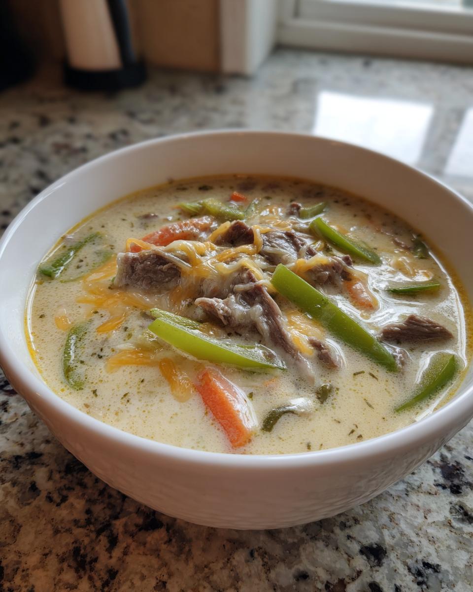 A close-up of a bowl of creamy philly cheese steak soup topped with melted cheddar cheese, strips of steak, green peppers, and carrots.