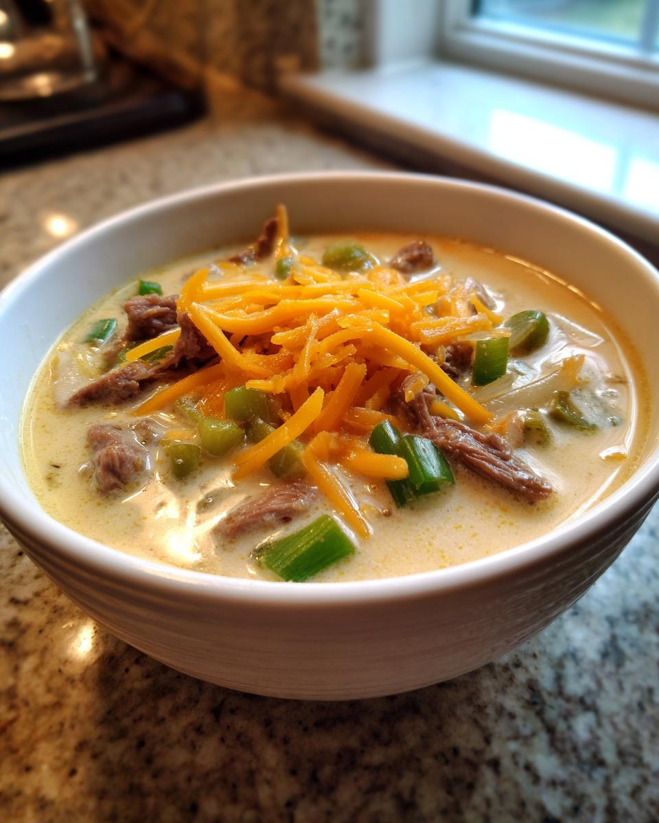 A close-up of a bowl of creamy philly cheese steak soup topped with shredded cheddar cheese, green peppers, and steak pieces.