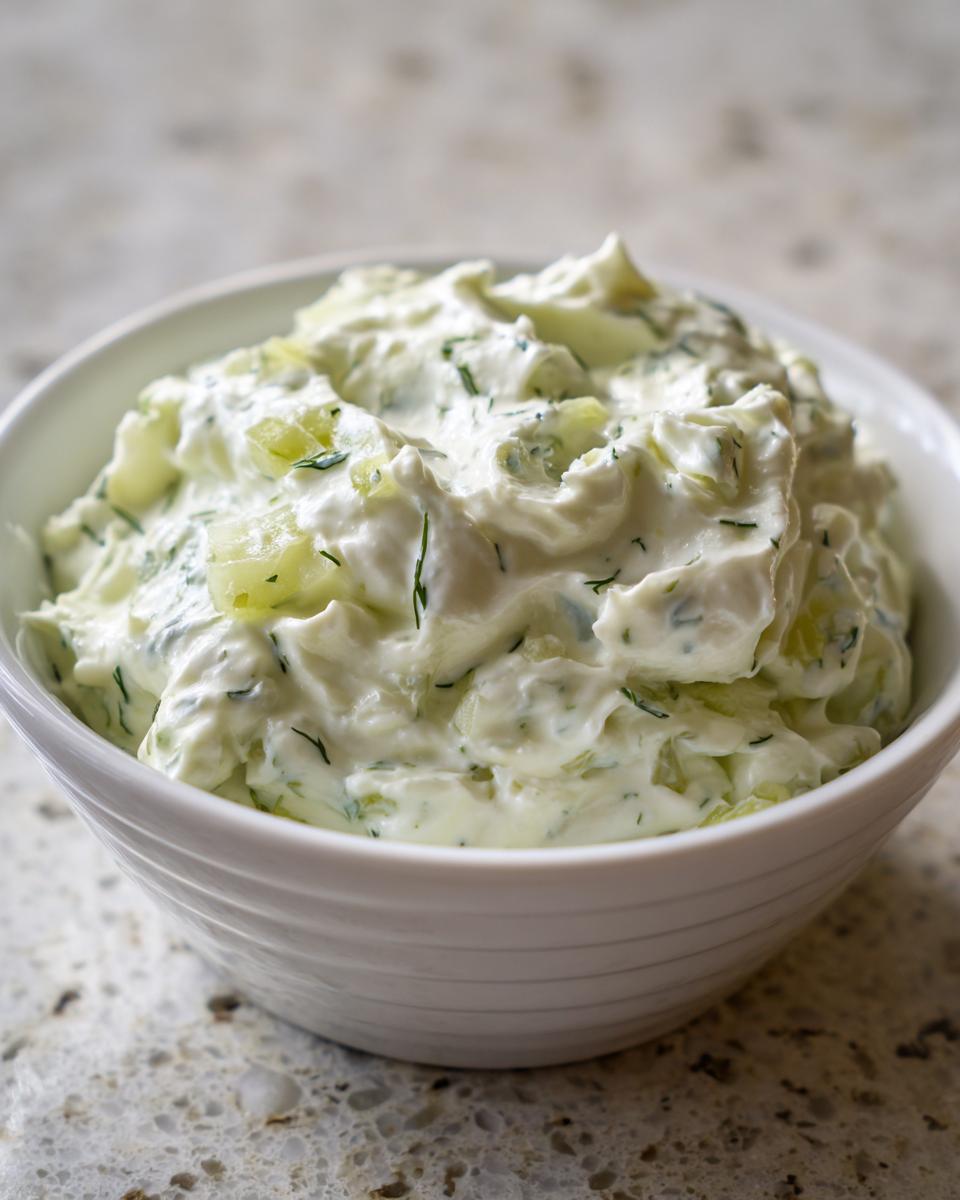 Close-up of a creamy, chunky pickle dip mixed with dill, served in a white bowl.