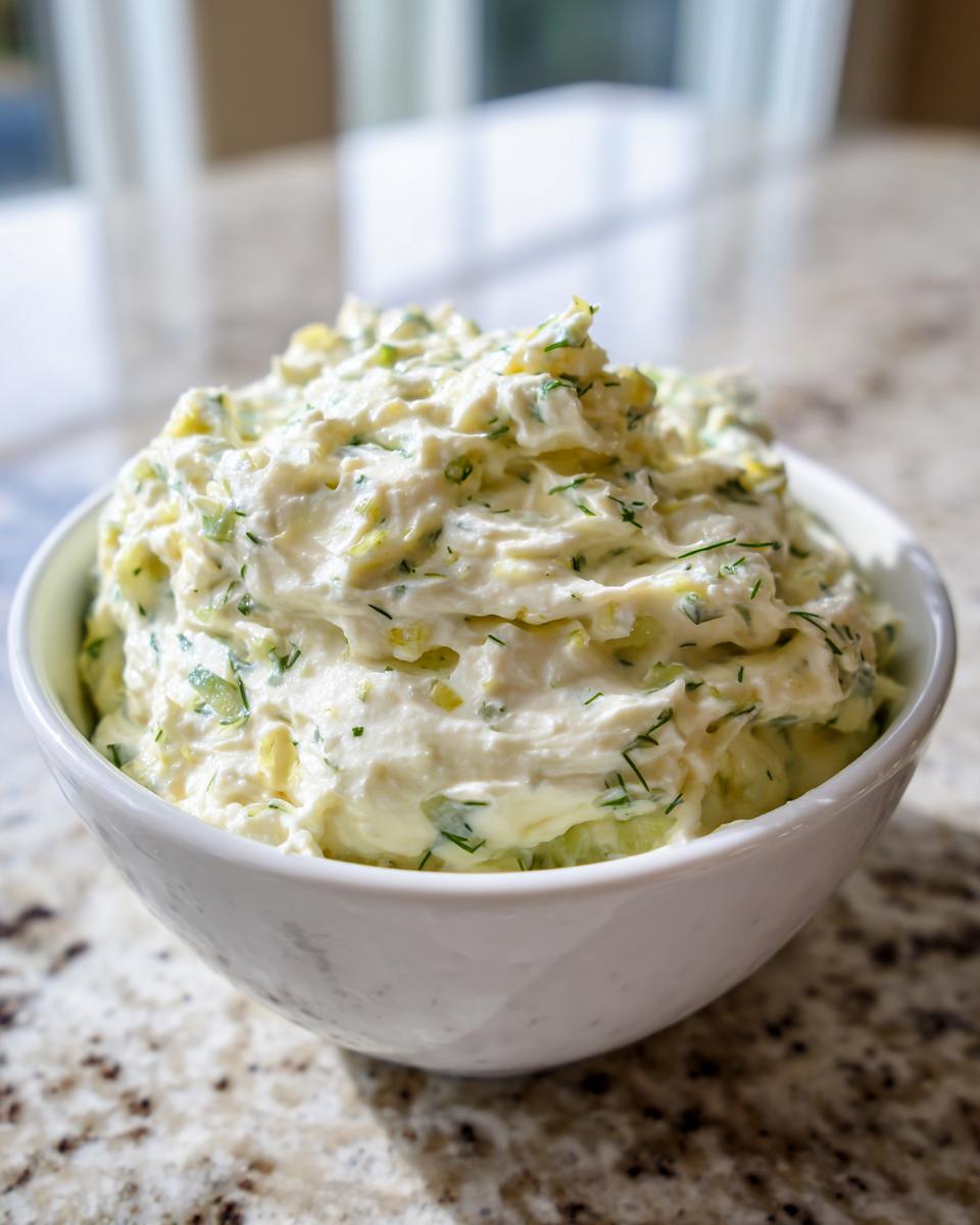 A close-up of a white bowl filled with creamy, chunky pickle dip mixed with visible dill and pickle pieces.