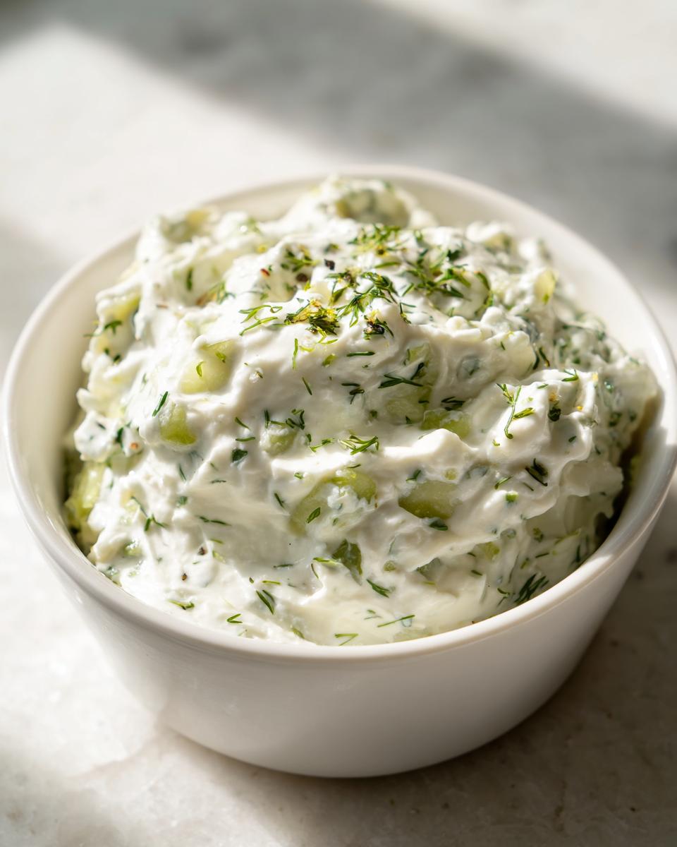 Close-up of a creamy, chunky pickle dip, garnished with fresh dill, ready to serve.