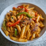 A close-up bowl of vibrant, creamy Rasta pasta featuring penne, seasoned chicken pieces, and sliced red and green bell peppers.