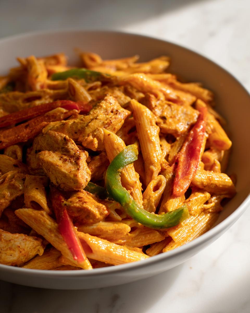 A close-up shot of a bowl filled with vibrant, creamy Rasta pasta mixed with chunks of seasoned chicken and strips of red and green bell peppers.