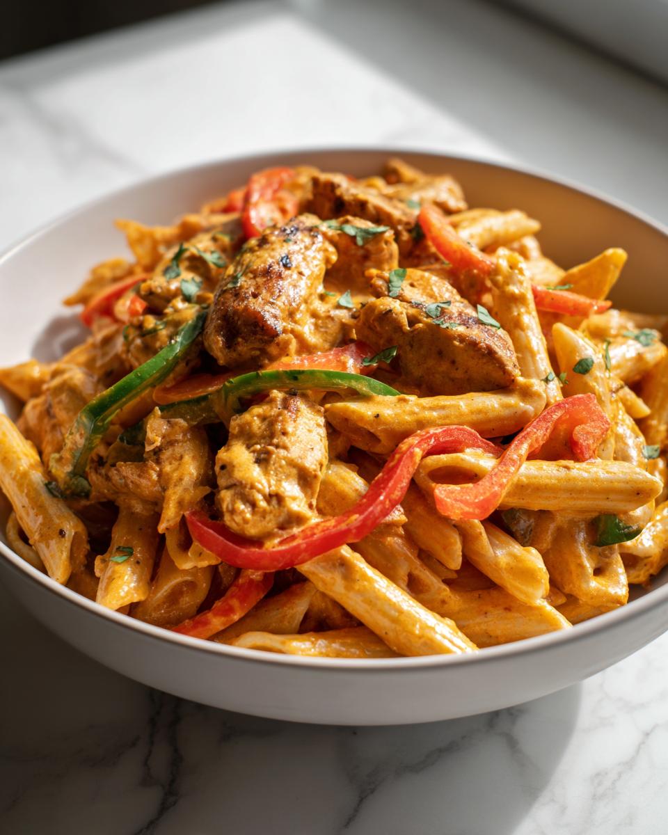 A white bowl filled with creamy, orange-hued Rasta Pasta mixed with grilled chicken pieces and sliced red and green bell peppers.