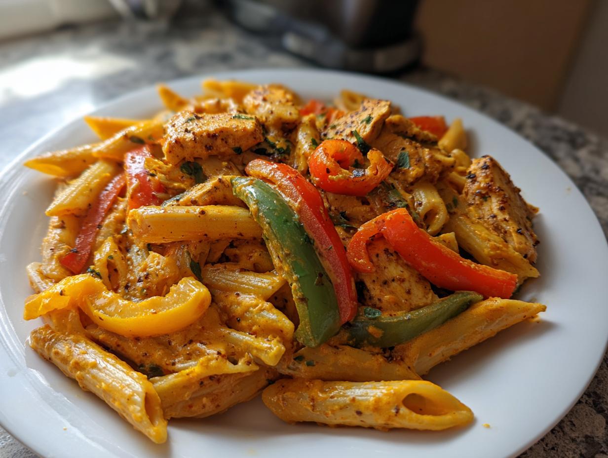 A serving of vibrant Rasta pasta featuring penne coated in a creamy sauce, mixed with sliced red, green, and yellow bell peppers and chicken pieces.