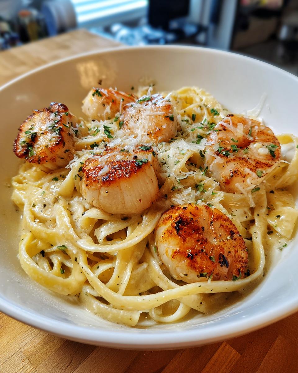 Close-up of creamy seafood pasta topped with perfectly seared scallops and grated Parmesan cheese.