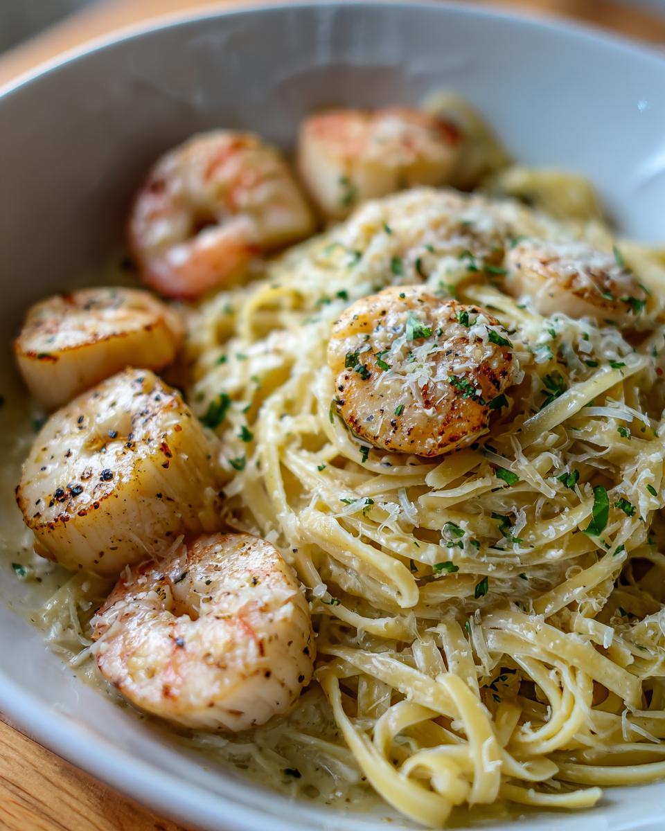 Close-up of creamy seafood pasta featuring seared scallops and shrimp, topped with Parmesan cheese and parsley.
