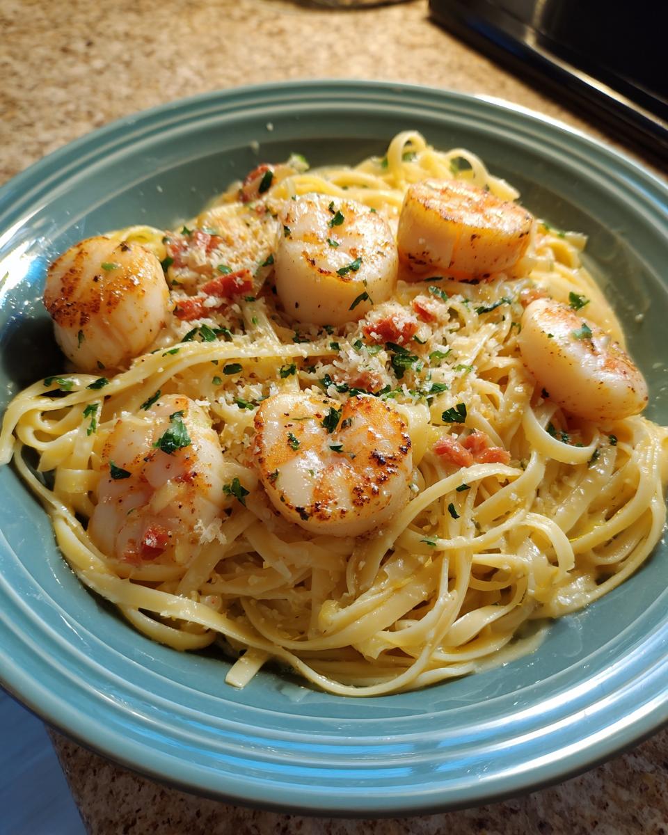 Close-up of creamy fettuccine seafood pasta topped with perfectly seared scallops and garnished with parsley.