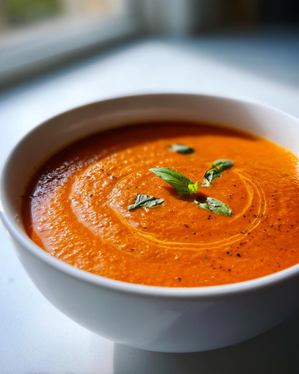 Close-up of a vibrant bowl of creamy tomato basil soup, garnished with fresh basil leaves and a swirl of oil.