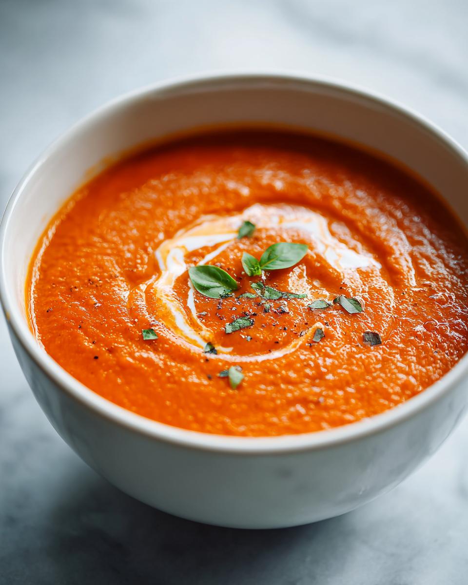 Close-up of rich, creamy tomato basil soup garnished with a swirl of cream and fresh basil leaves.
