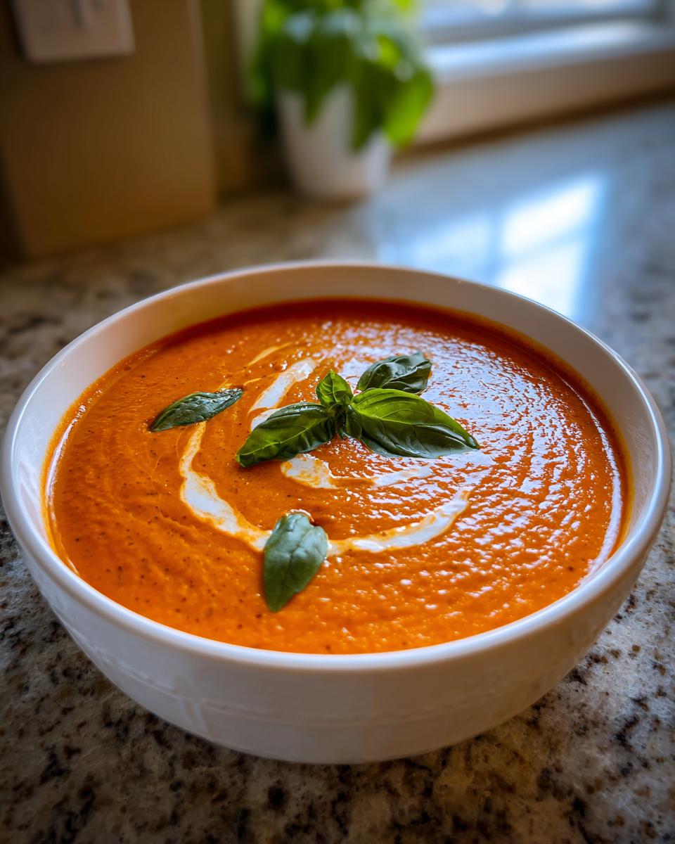 A vibrant bowl of creamy tomato basil soup, swirled with cream and topped with fresh basil leaves.