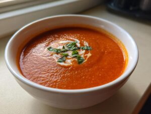 Close-up of a vibrant orange bowl of creamy tomato basil soup, garnished with a swirl of cream and fresh basil leaves.