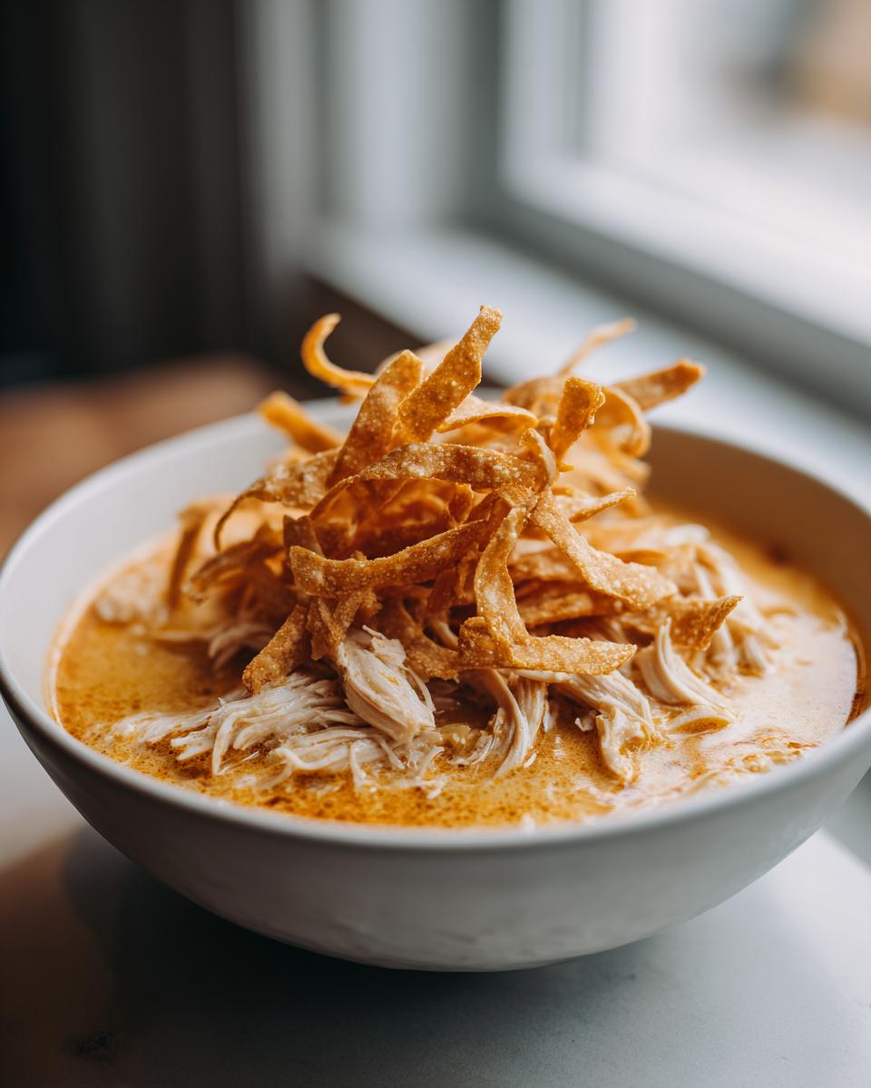 Close-up of a bowl of creamy tortilla soup topped with shredded chicken and crispy fried tortilla strips.