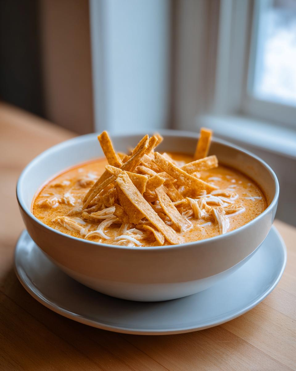 A close-up of a bowl of creamy tortilla soup topped generously with shredded chicken and crispy tortilla strips.