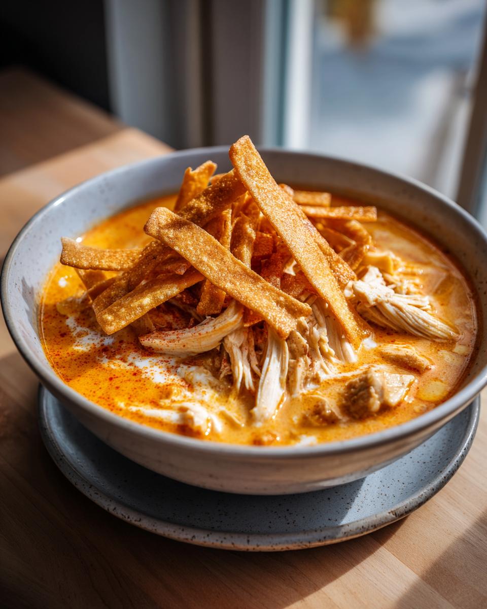 A close-up of a bowl of creamy tortilla soup topped with shredded chicken, a swirl of cream, and crispy tortilla strips.