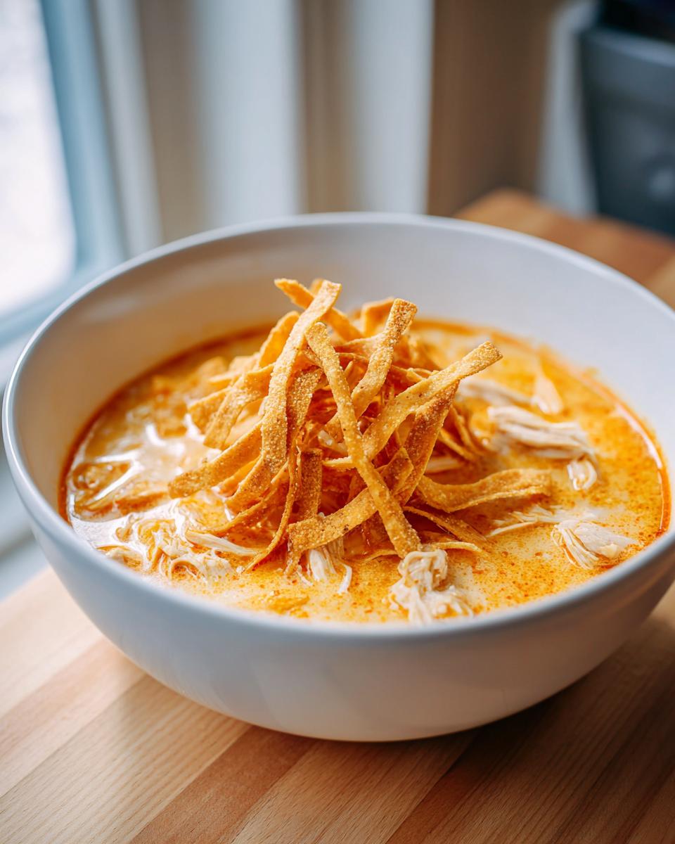 A white bowl filled with creamy, orange-hued tortilla soup, shredded chicken, and topped generously with crispy tortilla strips.