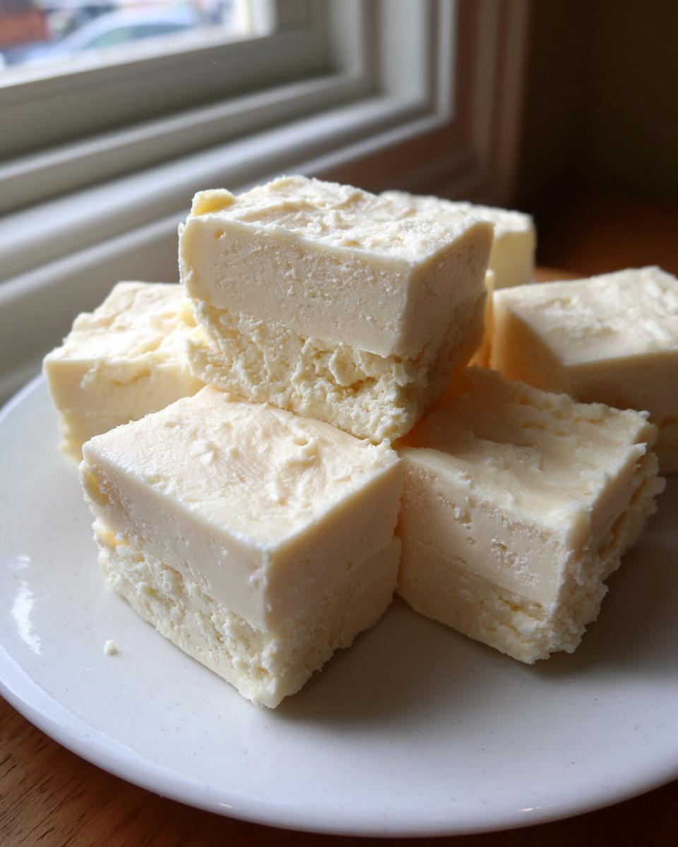 A stack of thick, creamy squares of white chocolate fudge resting on a white plate near a window.