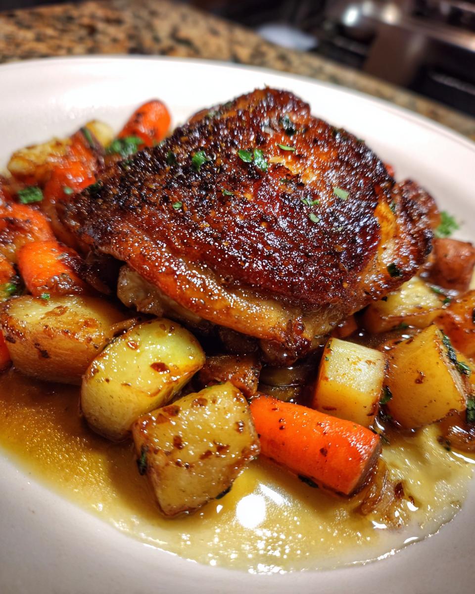 Close-up of perfectly cooked braised chicken thighs with crispy skin served over roasted potatoes and carrots.