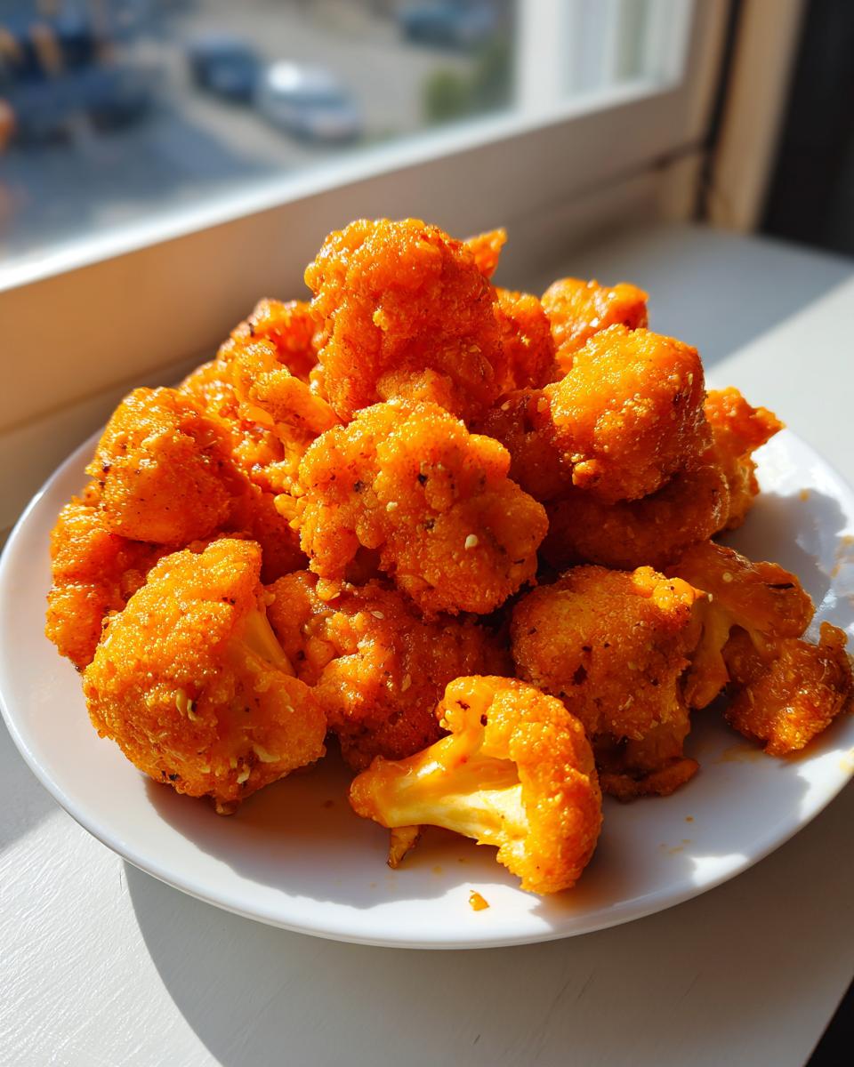 A pile of crispy, bright orange buffalo cauliflower bites served on a white plate near a window.